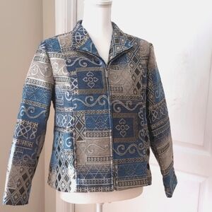 Molly & Maxx  Full Zip Tapestry Blazer Jacket. Size LP. Blue/Taupe